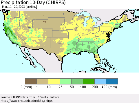 United States Precipitation 10-Day (CHIRPS) Thematic Map For 3/11/2023 - 3/20/2023