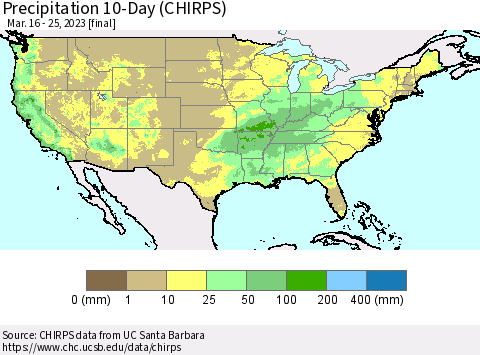United States Precipitation 10-Day (CHIRPS) Thematic Map For 3/16/2023 - 3/25/2023