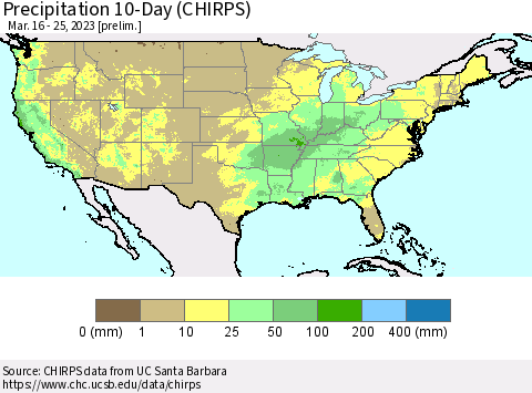 United States Precipitation 10-Day (CHIRPS) Thematic Map For 3/16/2023 - 3/25/2023
