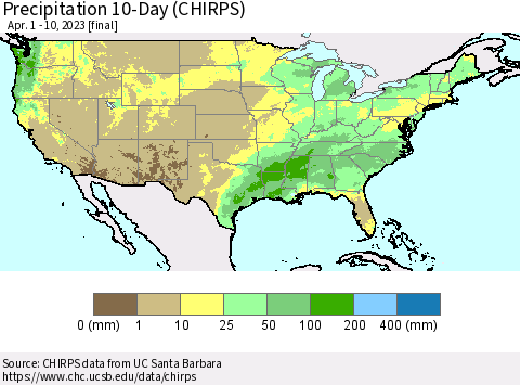United States Precipitation 10-Day (CHIRPS) Thematic Map For 4/1/2023 - 4/10/2023