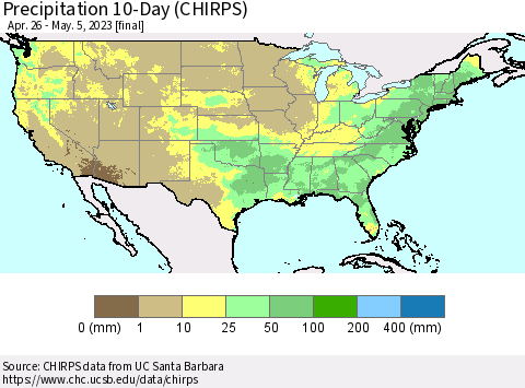 United States Precipitation 10-Day (CHIRPS) Thematic Map For 4/26/2023 - 5/5/2023