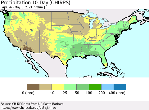 United States Precipitation 10-Day (CHIRPS) Thematic Map For 4/26/2023 - 5/5/2023