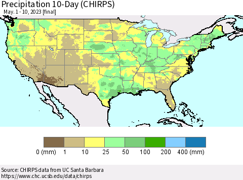 United States Precipitation 10-Day (CHIRPS) Thematic Map For 5/1/2023 - 5/10/2023