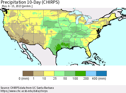 United States Precipitation 10-Day (CHIRPS) Thematic Map For 5/6/2023 - 5/15/2023