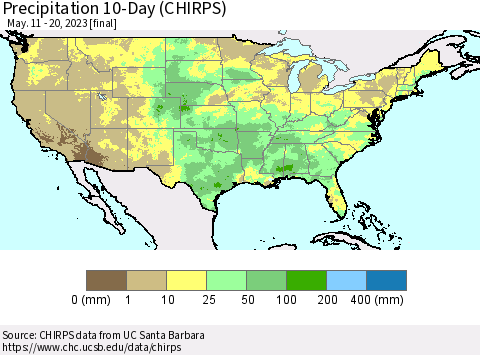United States Precipitation 10-Day (CHIRPS) Thematic Map For 5/11/2023 - 5/20/2023