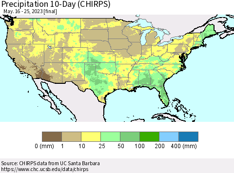 United States Precipitation 10-Day (CHIRPS) Thematic Map For 5/16/2023 - 5/25/2023