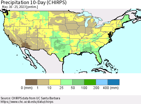 United States Precipitation 10-Day (CHIRPS) Thematic Map For 5/16/2023 - 5/25/2023