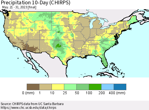 United States Precipitation 10-Day (CHIRPS) Thematic Map For 5/21/2023 - 5/31/2023