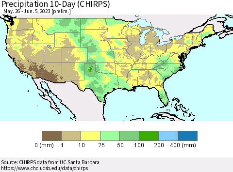 United States Precipitation 10-Day (CHIRPS) Thematic Map For 5/26/2023 - 6/5/2023