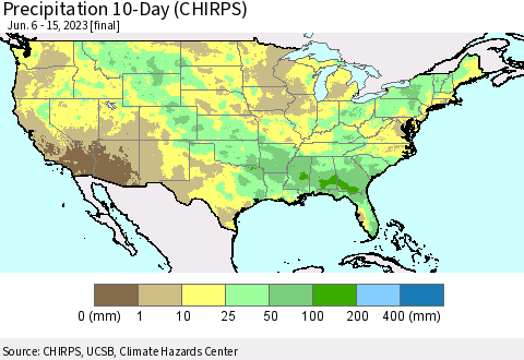 United States Precipitation 10-Day (CHIRPS) Thematic Map For 6/6/2023 - 6/15/2023