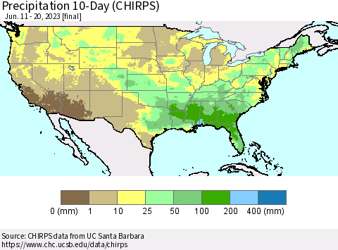 United States Precipitation 10-Day (CHIRPS) Thematic Map For 6/11/2023 - 6/20/2023