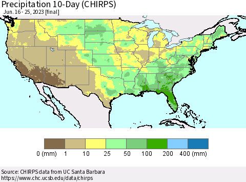 United States Precipitation 10-Day (CHIRPS) Thematic Map For 6/16/2023 - 6/25/2023