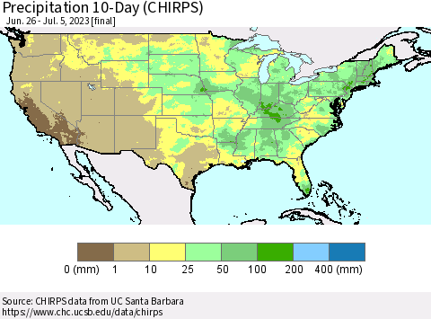 United States Precipitation 10-Day (CHIRPS) Thematic Map For 6/26/2023 - 7/5/2023