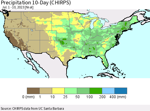 United States Precipitation 10-Day (CHIRPS) Thematic Map For 7/1/2023 - 7/10/2023