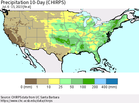 United States Precipitation 10-Day (CHIRPS) Thematic Map For 7/6/2023 - 7/15/2023