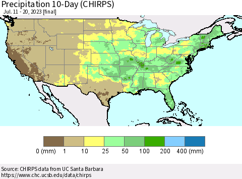 United States Precipitation 10-Day (CHIRPS) Thematic Map For 7/11/2023 - 7/20/2023