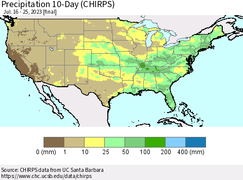 United States Precipitation 10-Day (CHIRPS) Thematic Map For 7/16/2023 - 7/25/2023