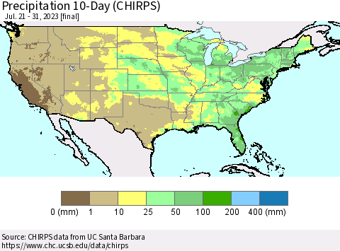 United States Precipitation 10-Day (CHIRPS) Thematic Map For 7/21/2023 - 7/31/2023