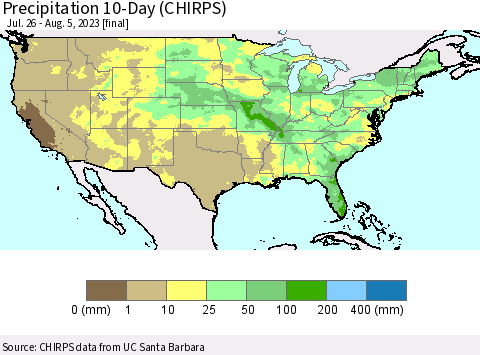 United States Precipitation 10-Day (CHIRPS) Thematic Map For 7/26/2023 - 8/5/2023