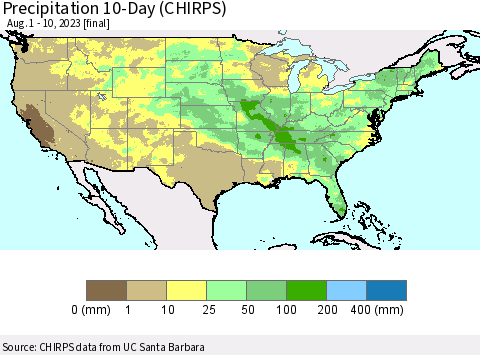 United States Precipitation 10-Day (CHIRPS) Thematic Map For 8/1/2023 - 8/10/2023