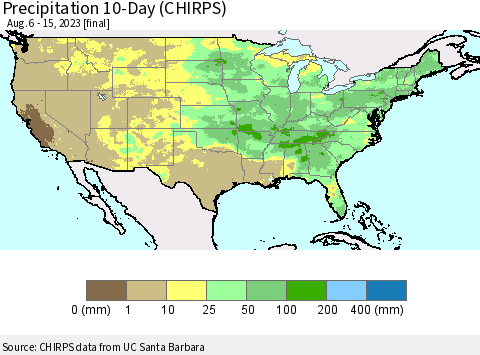 United States Precipitation 10-Day (CHIRPS) Thematic Map For 8/6/2023 - 8/15/2023