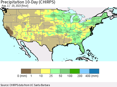 United States Precipitation 10-Day (CHIRPS) Thematic Map For 8/11/2023 - 8/20/2023
