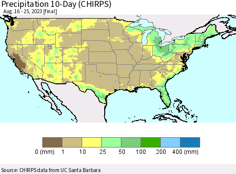 United States Precipitation 10-Day (CHIRPS) Thematic Map For 8/16/2023 - 8/25/2023
