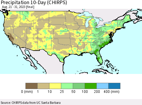 United States Precipitation 10-Day (CHIRPS) Thematic Map For 8/21/2023 - 8/31/2023