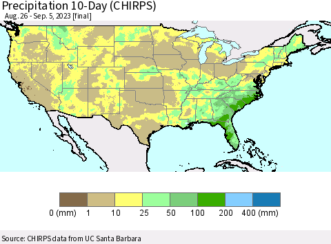 United States Precipitation 10-Day (CHIRPS) Thematic Map For 8/26/2023 - 9/5/2023