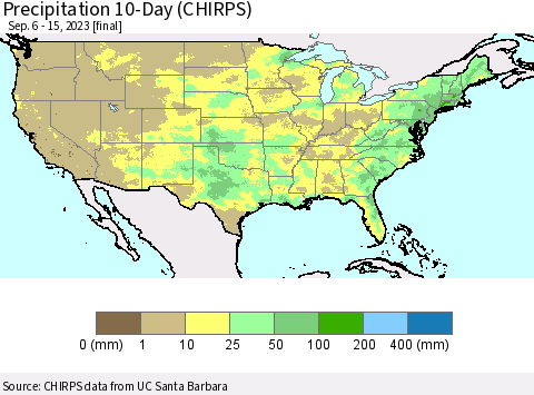 United States Precipitation 10-Day (CHIRPS) Thematic Map For 9/6/2023 - 9/15/2023