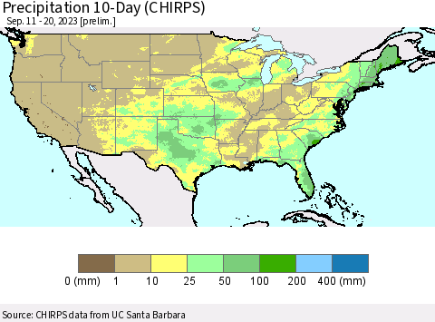 United States Precipitation 10-Day (CHIRPS) Thematic Map For 9/11/2023 - 9/20/2023