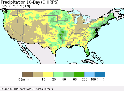 United States Precipitation 10-Day (CHIRPS) Thematic Map For 9/16/2023 - 9/25/2023