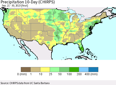United States Precipitation 10-Day (CHIRPS) Thematic Map For 9/21/2023 - 9/30/2023