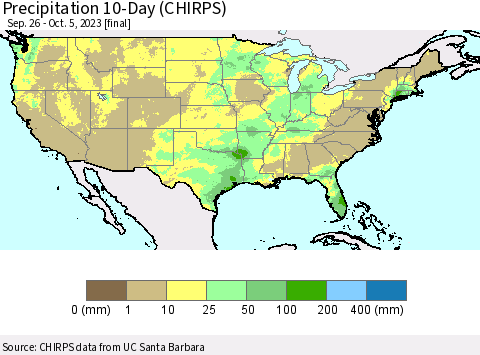 United States Precipitation 10-Day (CHIRPS) Thematic Map For 9/26/2023 - 10/5/2023
