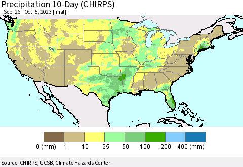 United States Precipitation 10-Day (CHIRPS) Thematic Map For 9/26/2023 - 10/5/2023