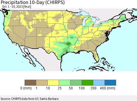 United States Precipitation 10-Day (CHIRPS) Thematic Map For 10/1/2023 - 10/10/2023