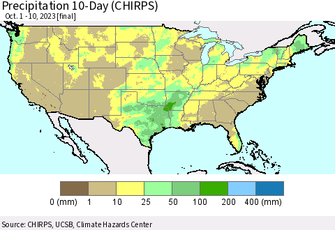 United States Precipitation 10-Day (CHIRPS) Thematic Map For 10/1/2023 - 10/10/2023