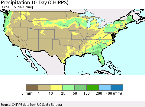 United States Precipitation 10-Day (CHIRPS) Thematic Map For 10/6/2023 - 10/15/2023