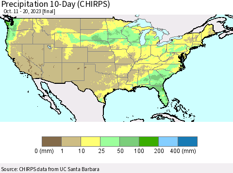 United States Precipitation 10-Day (CHIRPS) Thematic Map For 10/11/2023 - 10/20/2023