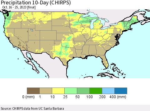 United States Precipitation 10-Day (CHIRPS) Thematic Map For 10/16/2023 - 10/25/2023