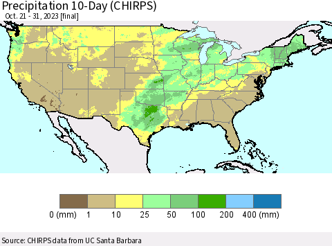 United States Precipitation 10-Day (CHIRPS) Thematic Map For 10/21/2023 - 10/31/2023