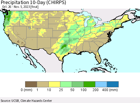 United States Precipitation 10-Day (CHIRPS) Thematic Map For 10/26/2023 - 11/5/2023