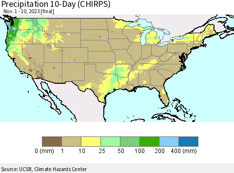 United States Precipitation 10-Day (CHIRPS) Thematic Map For 11/1/2023 - 11/10/2023