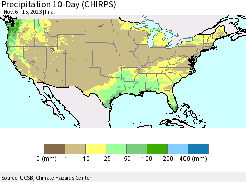 United States Precipitation 10-Day (CHIRPS) Thematic Map For 11/6/2023 - 11/15/2023