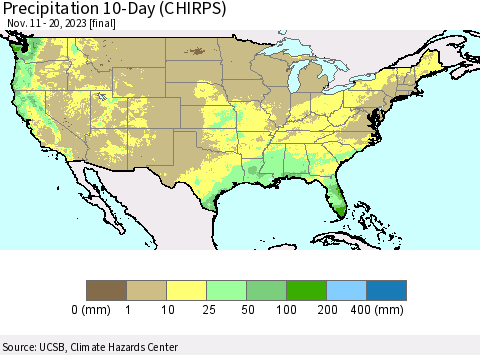 United States Precipitation 10-Day (CHIRPS) Thematic Map For 11/11/2023 - 11/20/2023