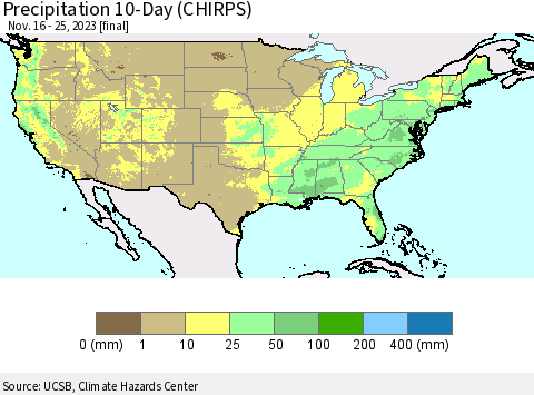 United States Precipitation 10-Day (CHIRPS) Thematic Map For 11/16/2023 - 11/25/2023