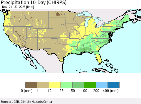 United States Precipitation 10-Day (CHIRPS) Thematic Map For 11/21/2023 - 11/30/2023