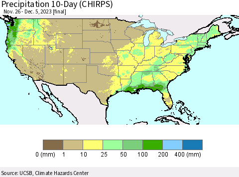 United States Precipitation 10-Day (CHIRPS) Thematic Map For 11/26/2023 - 12/5/2023