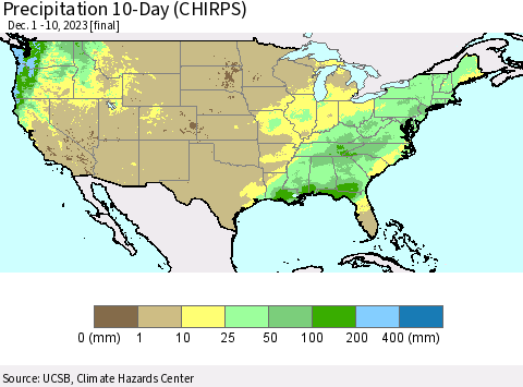 United States Precipitation 10-Day (CHIRPS) Thematic Map For 12/1/2023 - 12/10/2023