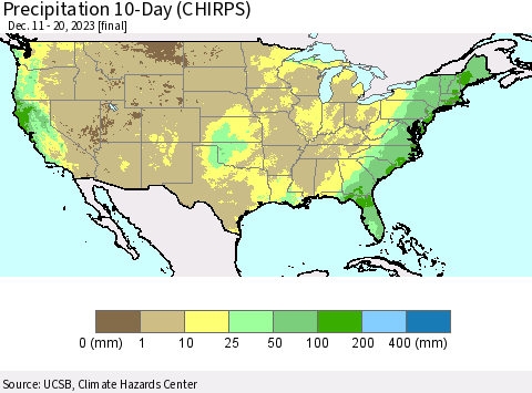 United States Precipitation 10-Day (CHIRPS) Thematic Map For 12/11/2023 - 12/20/2023